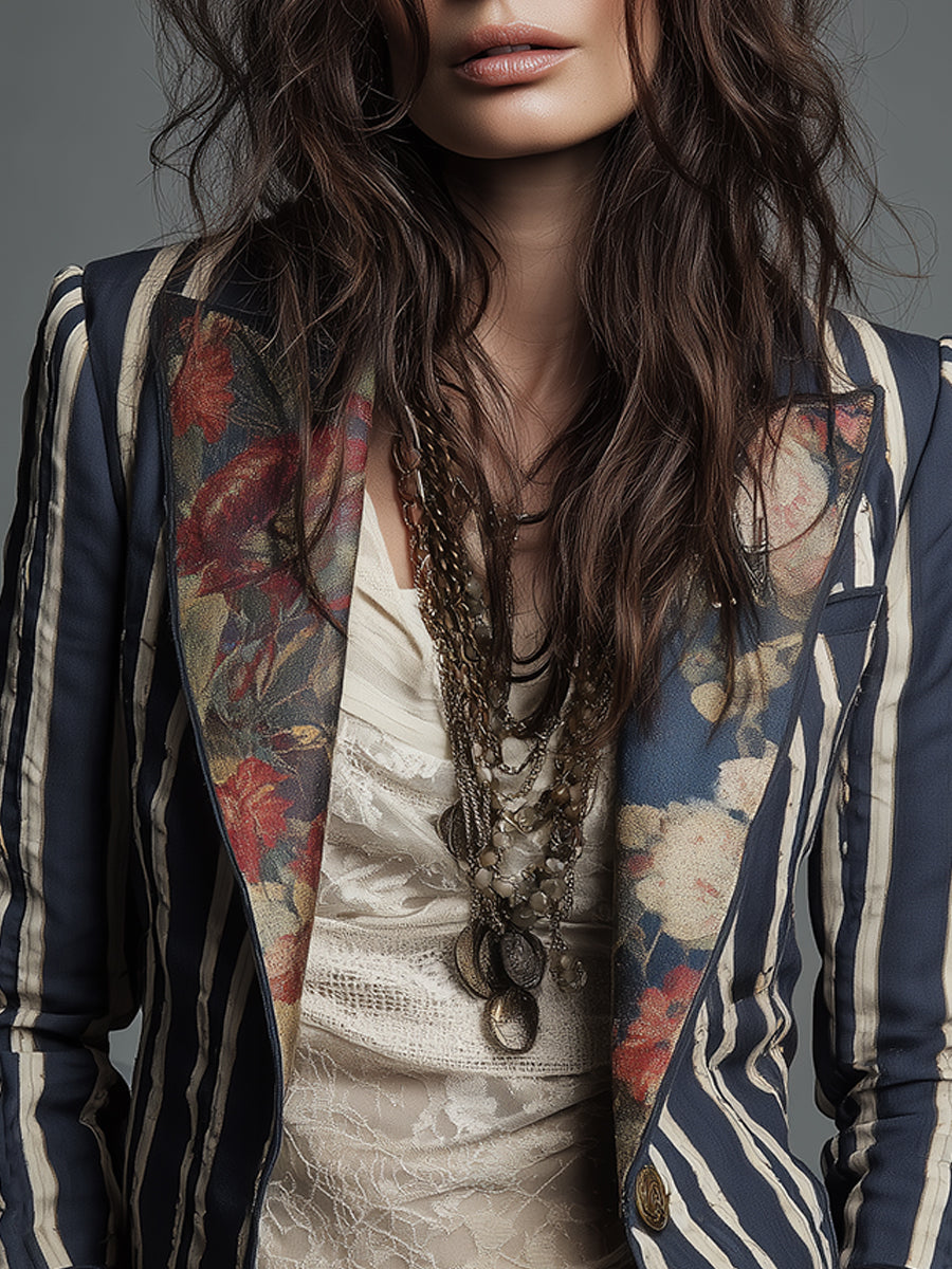 Bohemian Artisan Mixed-Print Striped Blazer