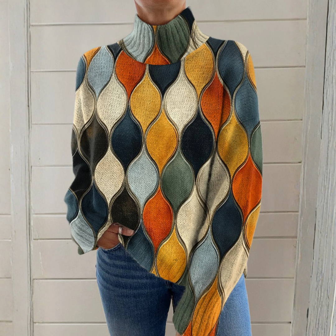 Ava - Abstract wavy line and oval pattern turtleneck sweater