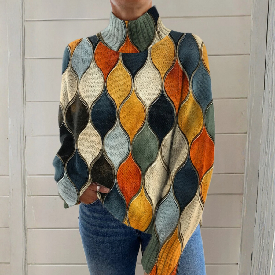 Ava - Abstract wavy line and oval pattern turtleneck sweater
