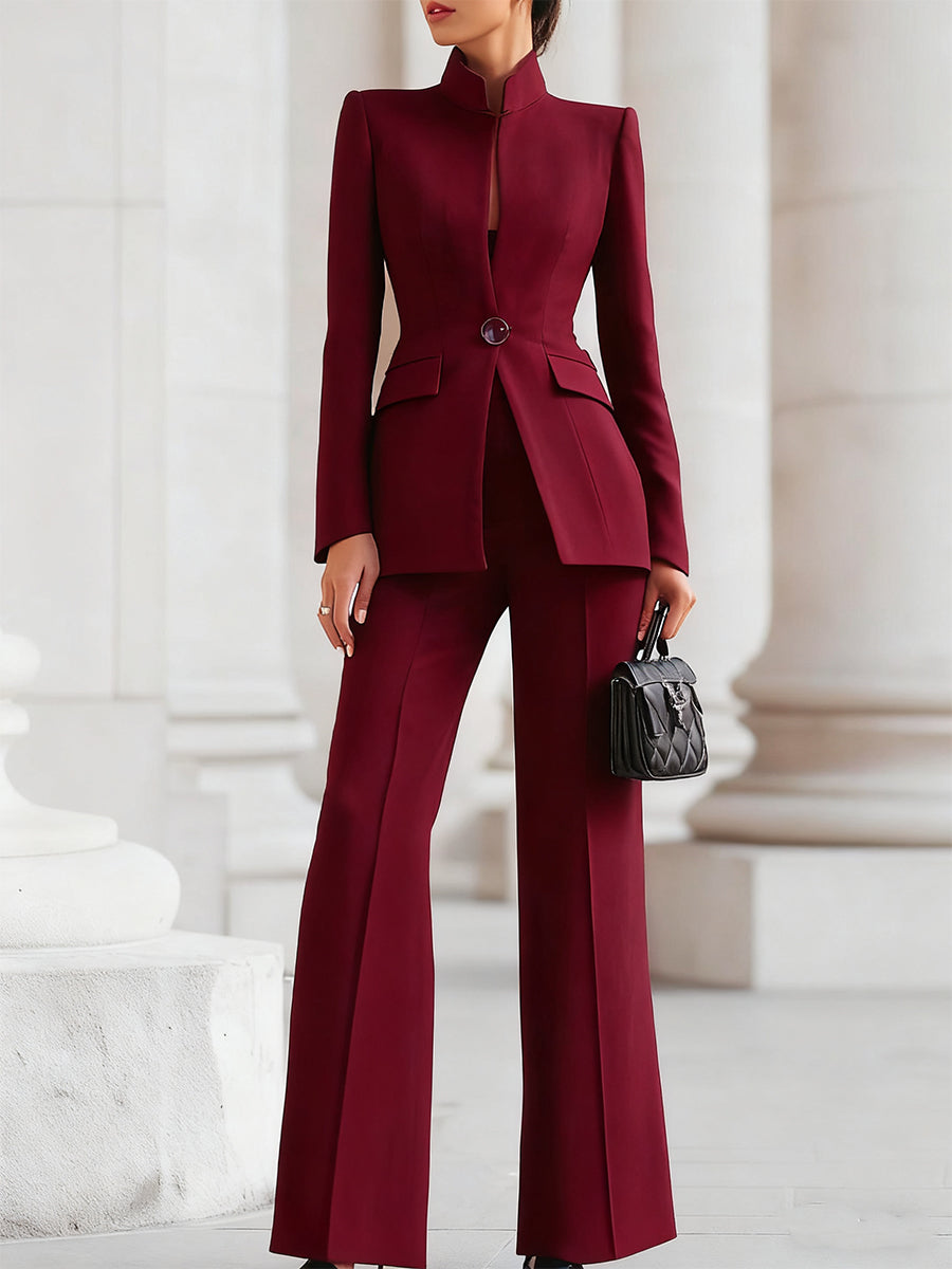High-collar blazer and wide-leg trouser suit set for women | Navarre