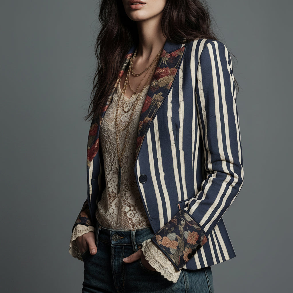 Bohemian Artisan Mixed-Print Striped Blazer