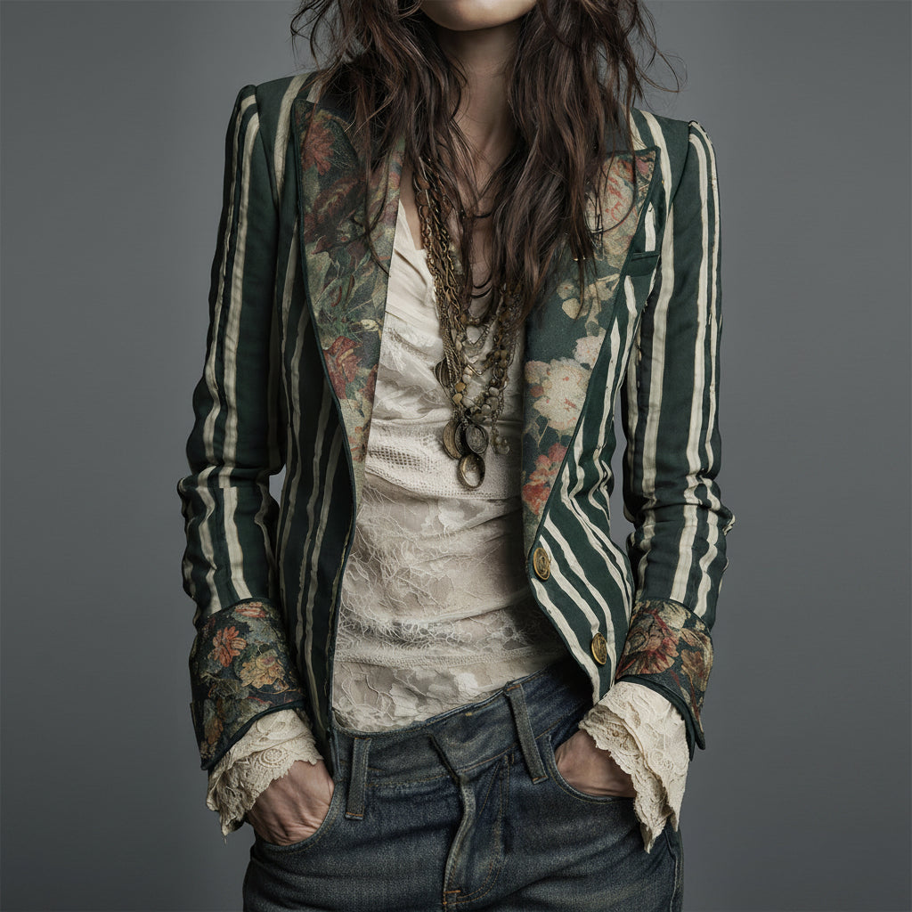Bohemian Artisan Mixed-Print Striped Blazer