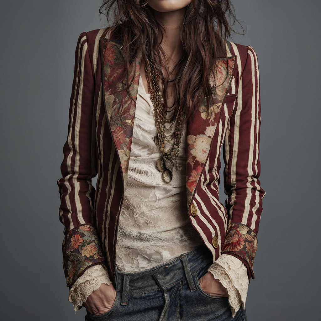 Bohemian Artisan Mixed-Print Striped Blazer