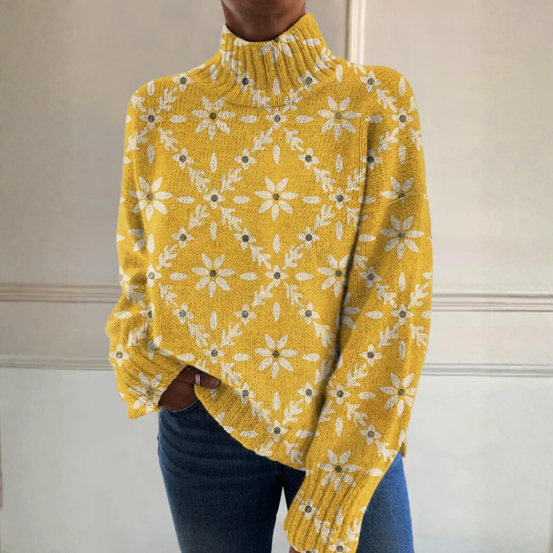 Ivy - Vintage colourful floral block print turtleneck sweater
