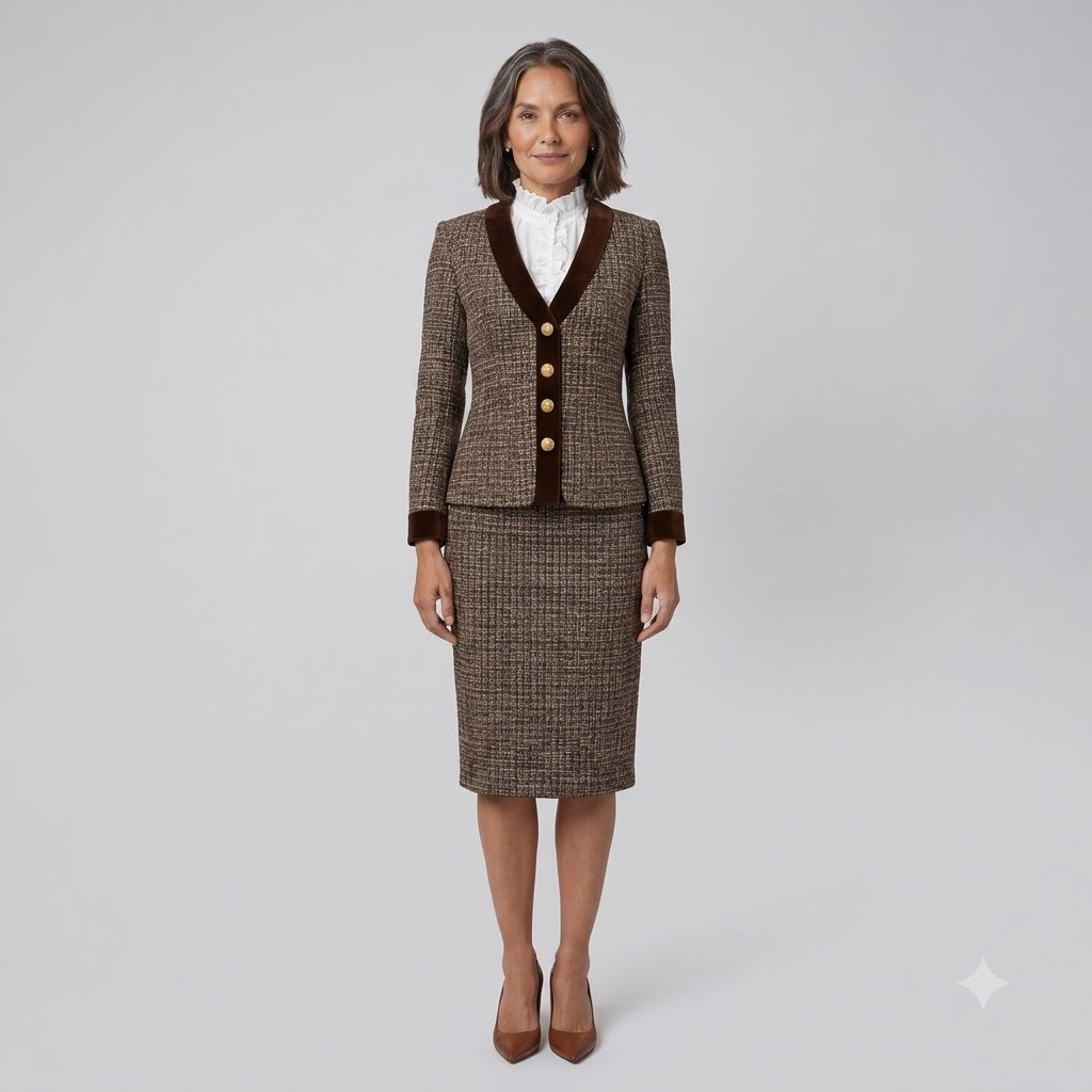 Talia Women's Suit | Tweed Blazer and Pencil Skirt with Velvet Trim