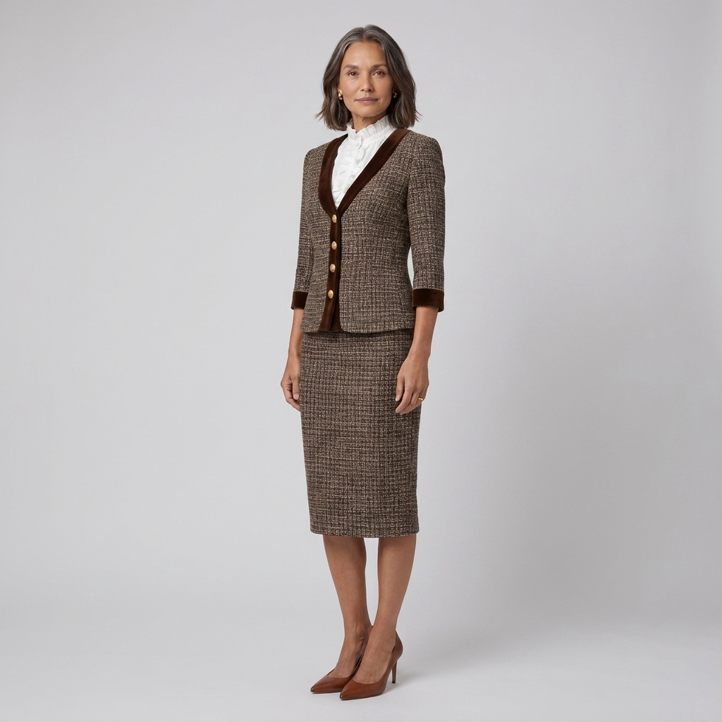 Talia Women's Suit | Tweed Blazer and Pencil Skirt with Velvet Trim