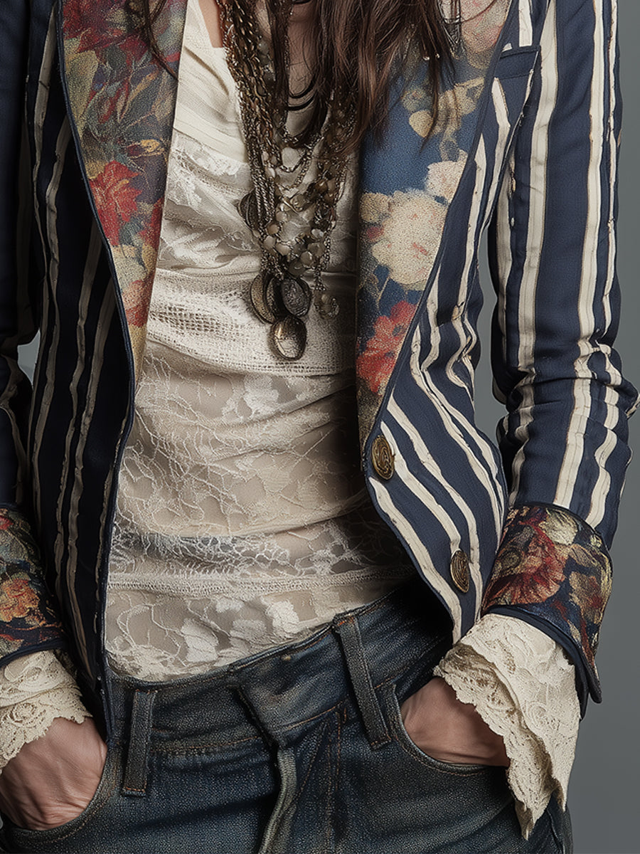 Bohemian Artisan Mixed-Print Striped Blazer
