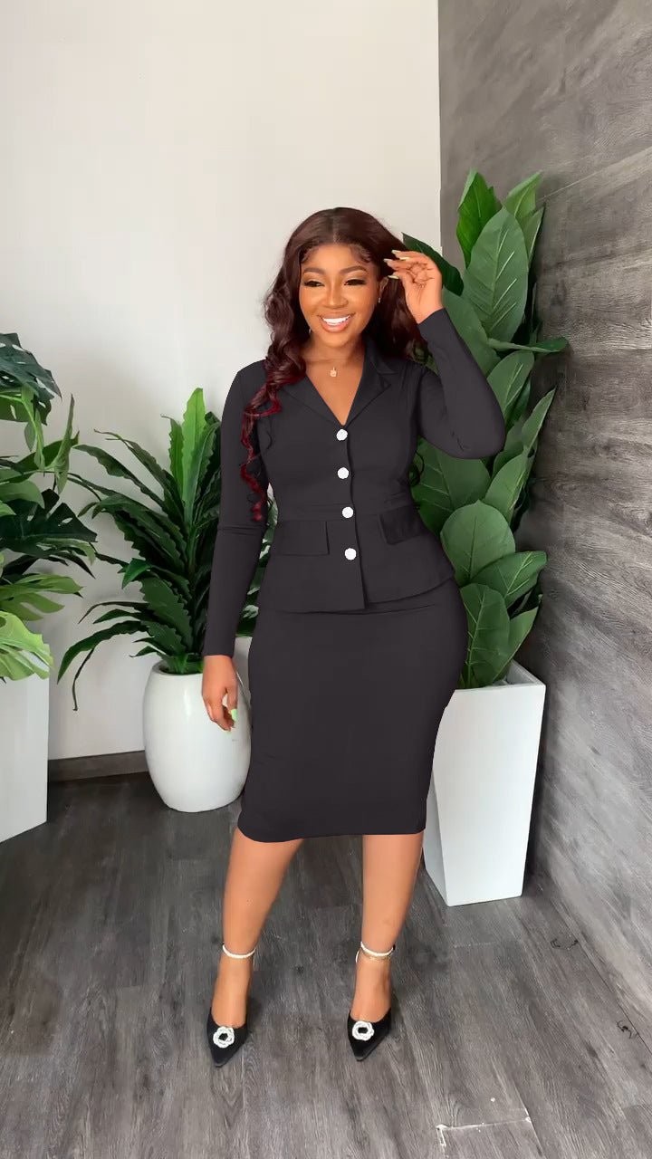 Button Front Blazer and Pencil Skirt Set with a V Neckline