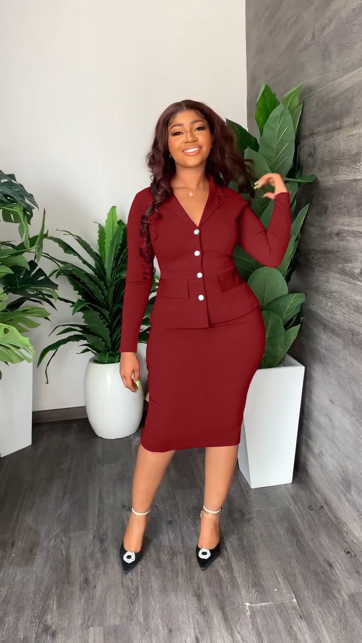 Button Front Blazer and Pencil Skirt Set with a V Neckline