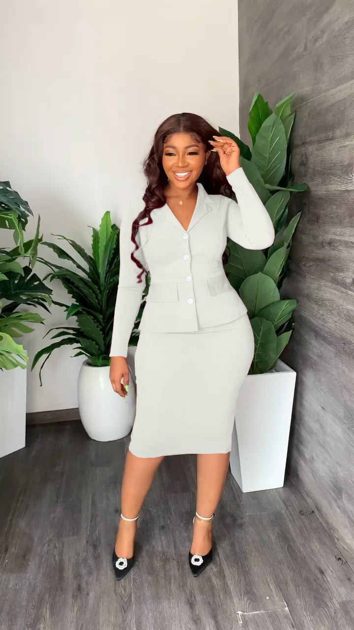Button Front Blazer and Pencil Skirt Set with a V Neckline