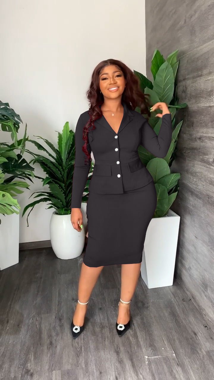 Button Front Blazer and Pencil Skirt Set with a V Neckline