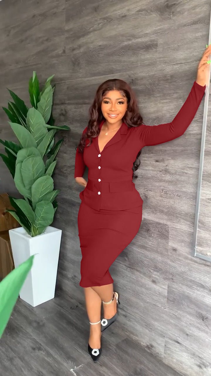 Button Front Blazer and Pencil Skirt Set with a V Neckline