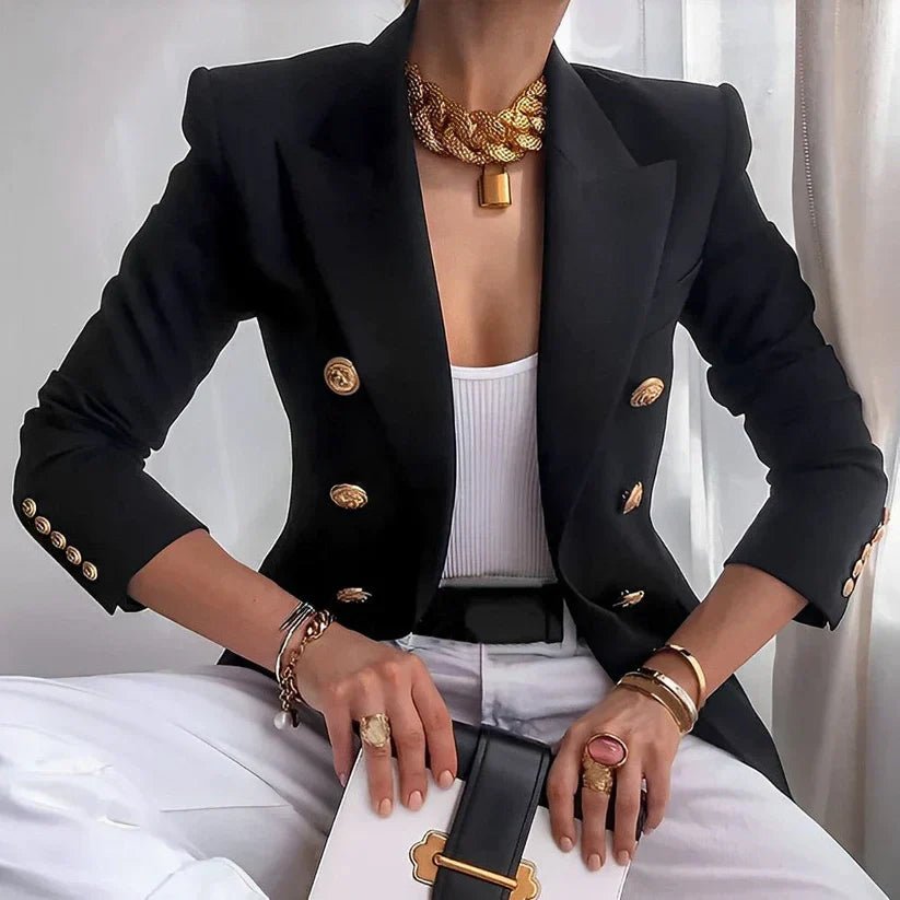Women's Double-Breasted Blazer Gold Buttons Peaked Lapel Long Sleeve Slim Fit
