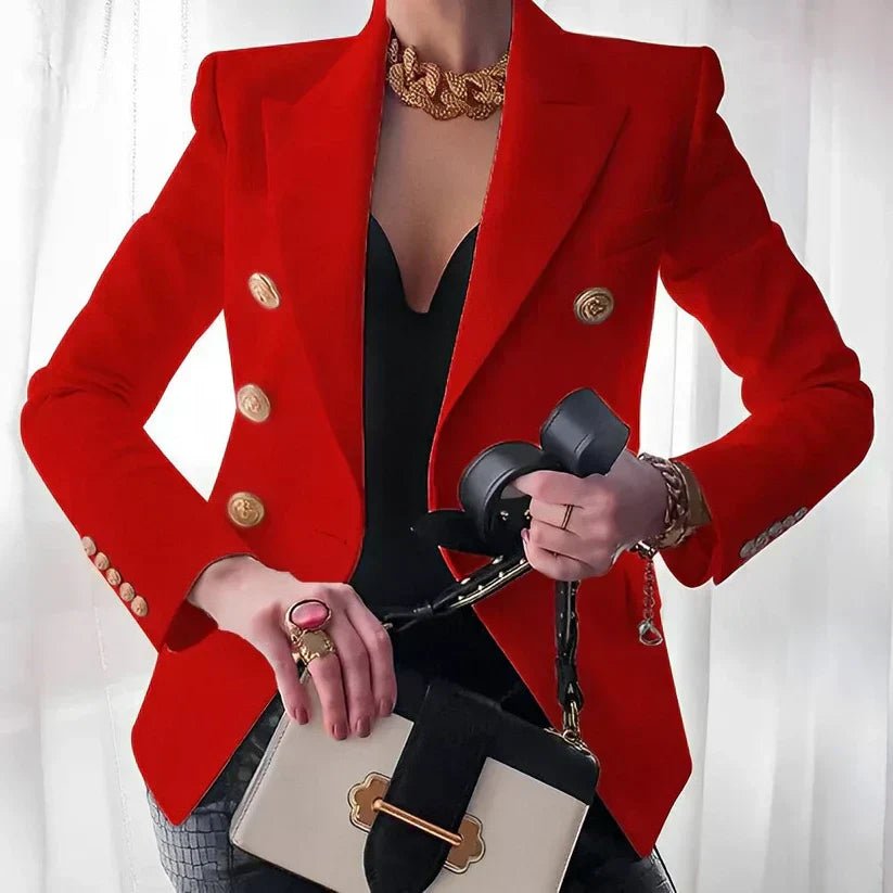 Women's Double-Breasted Blazer Gold Buttons Peaked Lapel Long Sleeve Slim Fit