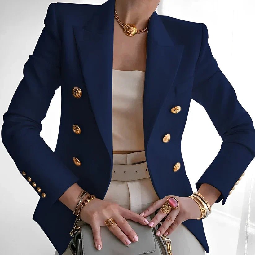 Women's Double-Breasted Blazer Gold Buttons Peaked Lapel Long Sleeve Slim Fit