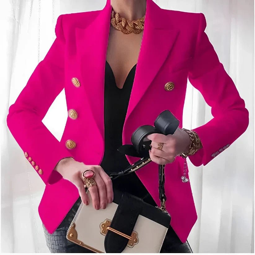 Women's Double-Breasted Blazer Gold Buttons Peaked Lapel Long Sleeve Slim Fit